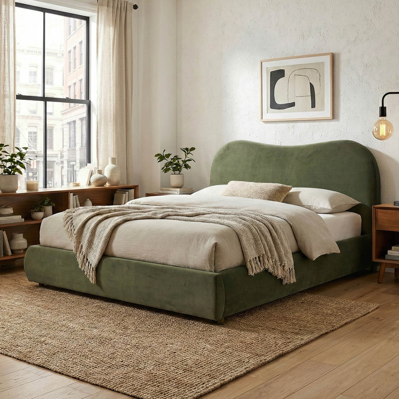 Lit plateforme tapissier avec tiroir de pied de lit Mirelle, King, Green