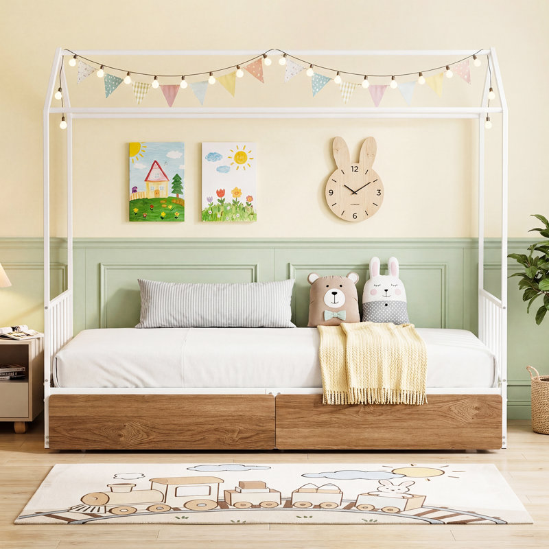 Single Size House Bed Heavy-Duty Metal Platform Bed with 2 Drawers, Yellow