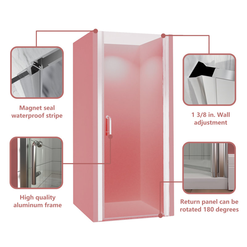 Porte de douche pivotante sans cadre avec verre transparent l 34-35 3/8 po x H 72 po, Chrome
