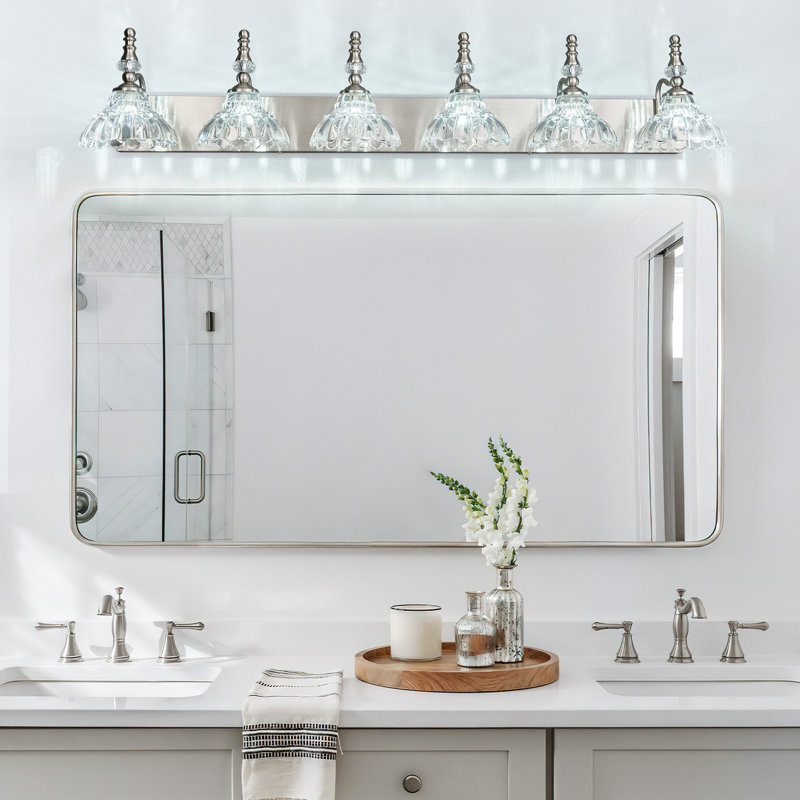 Luminaire de salle de bain 6 lumières rétro en nickel avec abat-jour en verre fleuri sur miroir, Nickel, Six lumières