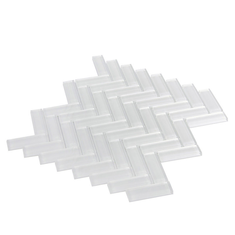 11"X 12.6" Herringbone Polished Glass Mosaic Tile, Ice White
