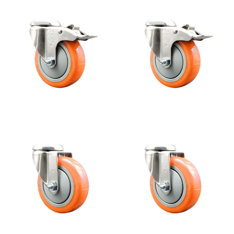 Ensemble de roulettes 4 trous en polyuréthane pivotant 4 trous avec 2 freins de verrouillage, Orange