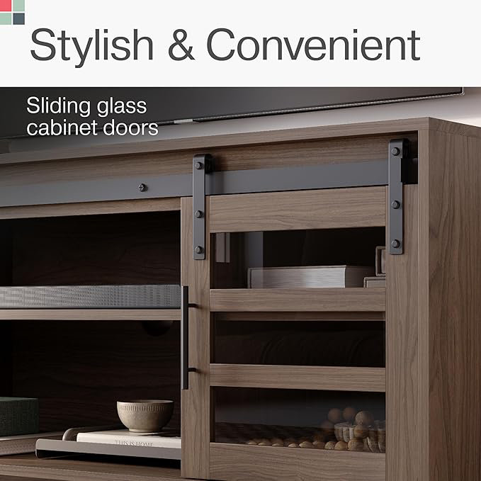 58" Modern Barn Door TV Stand, Dark Brown Wood