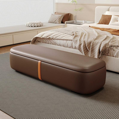 Banc de rangement rembourré en cuir brun pour chambre et vestibule