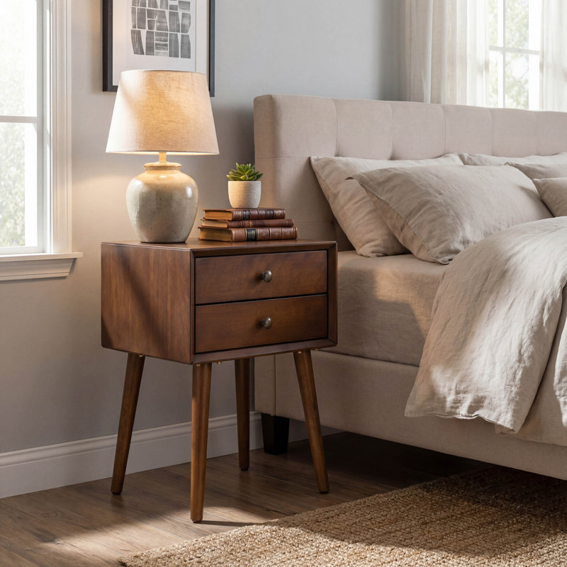 Walnut 2-Drawer Nightstand Small Side End Table with Storage for Bedroom Living Room or Entryway, Brown