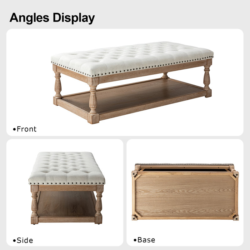 Clymer Farmhouse 47.5"W Tufted Solid Wood Rectangle Cocktail Ottoman with Storage Tray, White Linen