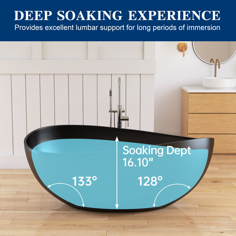 Forma 63" Wavy Freestanding Tub Solid Surface Freestadning Stone Resin Soaking Bathtub, Matte Black