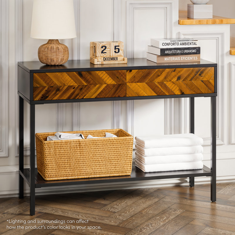 Vivian Console Table 2 Drawers – Rustic Golden Brown with Herringbone Wood Front & Iron Legs