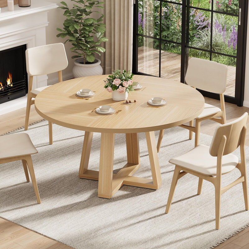 47" Round Dining Table for 4-6, Farmhouse Wood Circle Table with Cross Base (Table Only), Natural