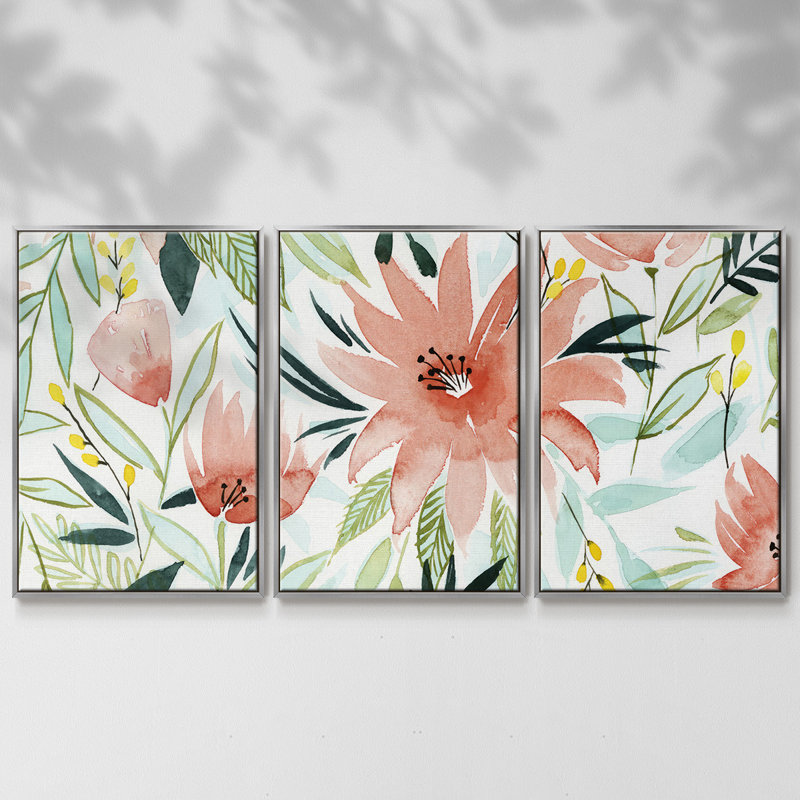 Tropical Drift I, reproduction encadrée sur toile 3 pièces, Encadrement argenté, H 24 po x l 48 po