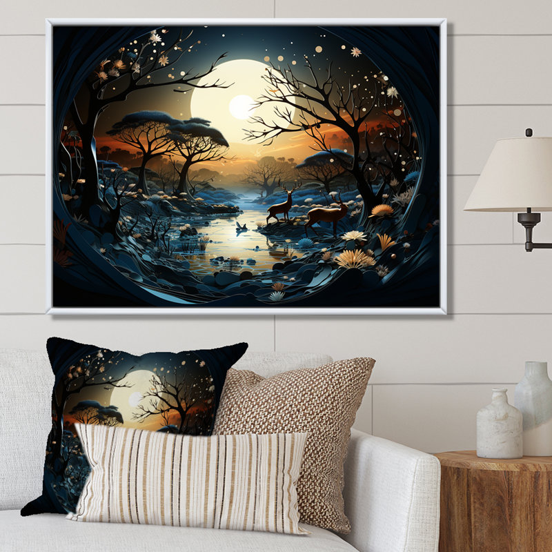 «Dreamy Moonlit Jungle I», art mural abstrait, Cadre flottant brun, H 34 po x l 44 po x P 1,5 po