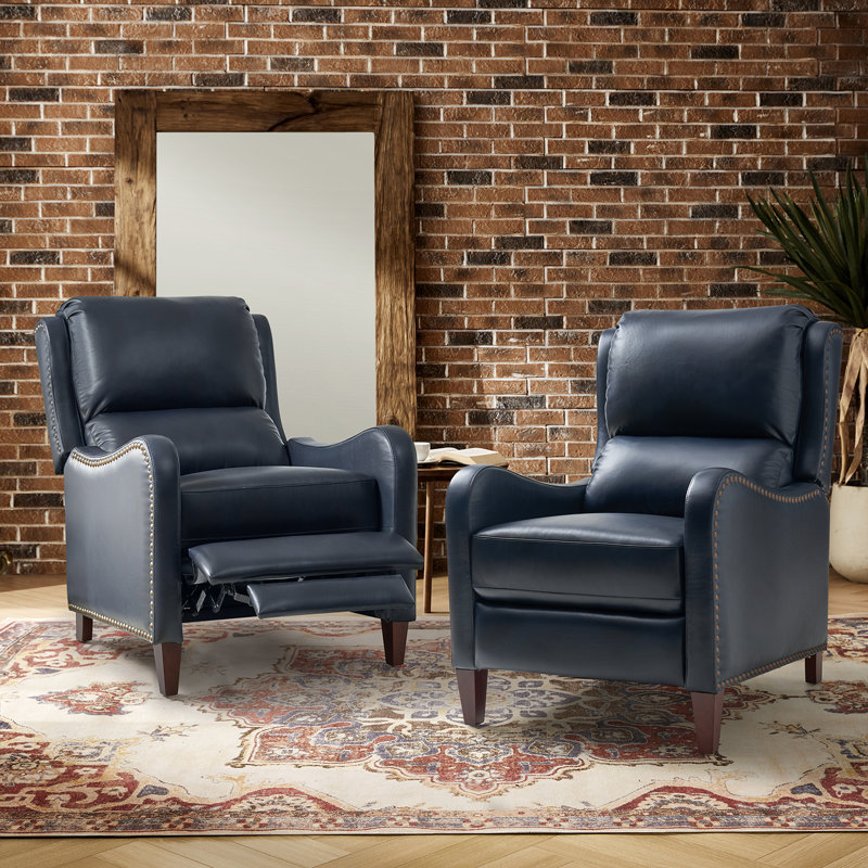 Neliyah 28.75" Wide Genuine Leather Manual Recliner(Set of 2), Navy