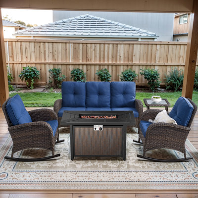 Aluel 5-Pieces Wicker Outdoor Conversation Set With Rocking Chairs and Rectangular Fire Pit with Windshield by Winston Porter