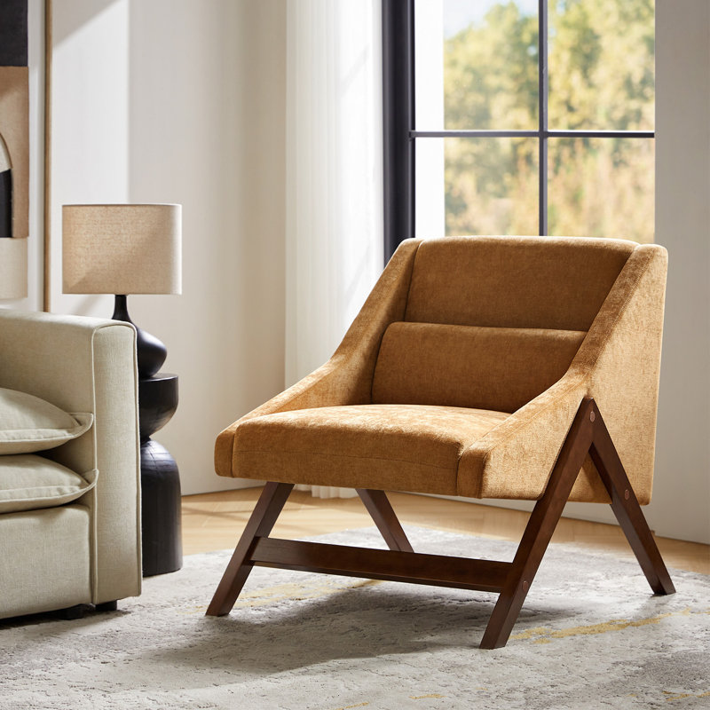 Venancio 28"W Mid-Century Modern Upholstered Arm Chair With Solid Wood Legs And Lumbar Pillow, Mustard Polyester