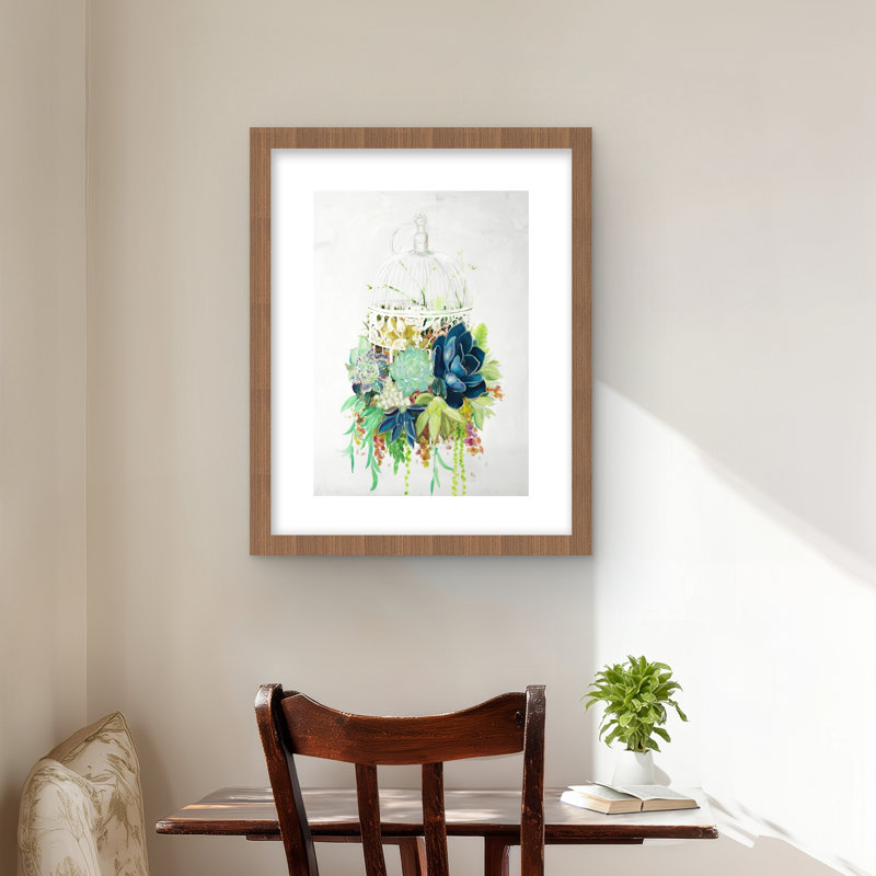 Cage à oiseaux avec cactus - reproduction encadrée exotique pour la décoration intérieure, H 20 po x l 16 po, Brun