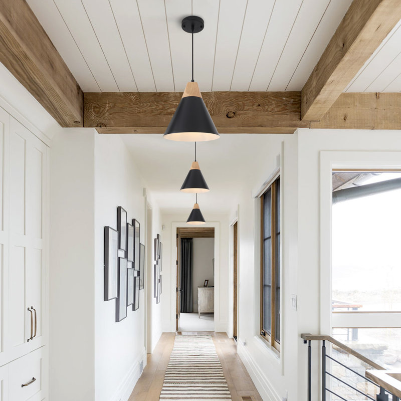 Hinsinger 3-Light 9.4“ Wide Single Cone Kitchen Island Pendant Light with Wood Accents, Black