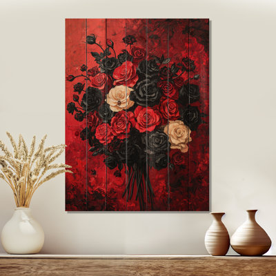 Abstract Dark Gothic Roses Bouquet III - Roses Wood Wall Decor - On Natural Pine Wood