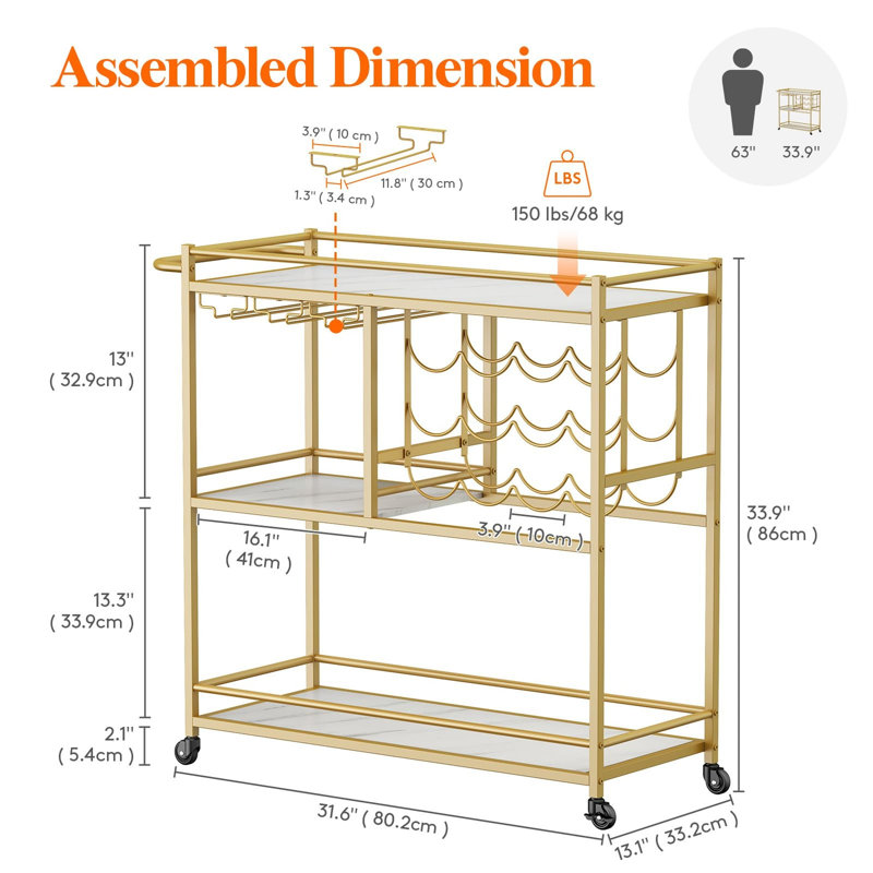 Steel Bar Cart, Gold