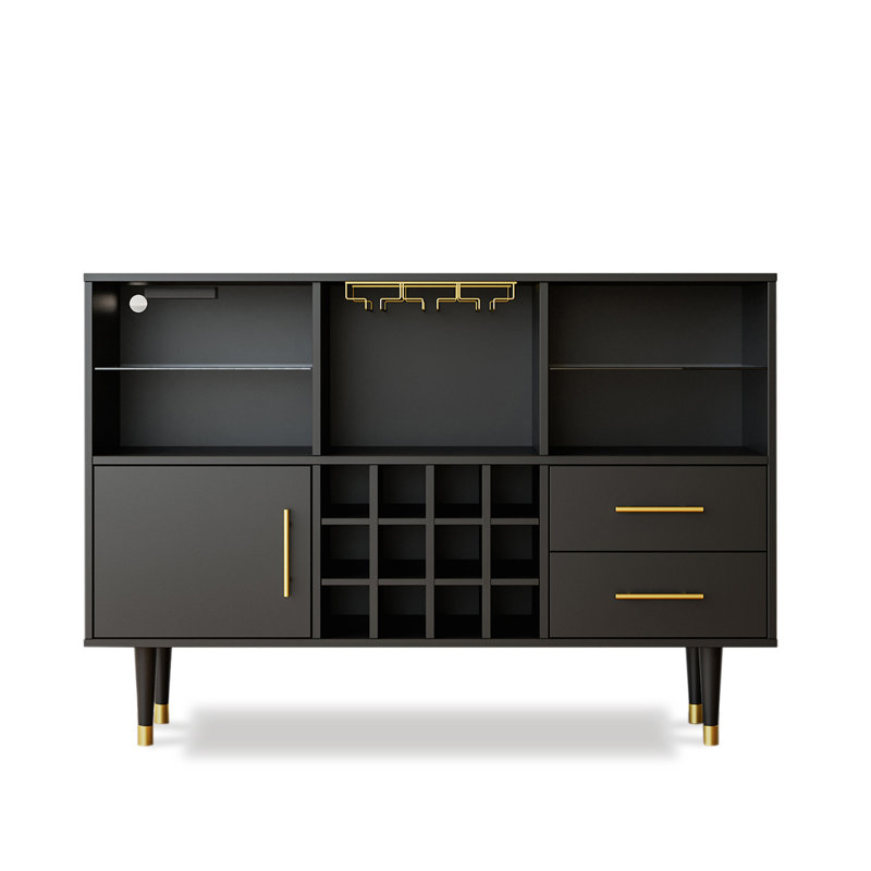 Bar Cabinet 47 inch Home Bar with Adjustable LED Light and Charging Station, Black