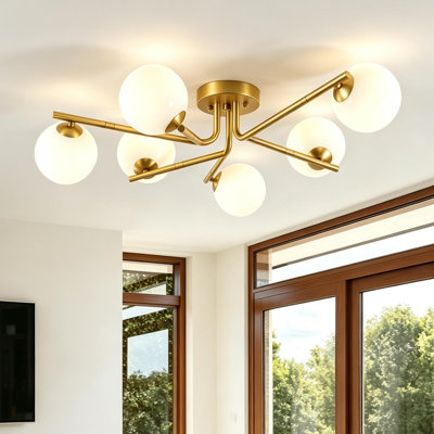 Plafonnier semi-encastré 6 lumières en verre opale Spoutnik