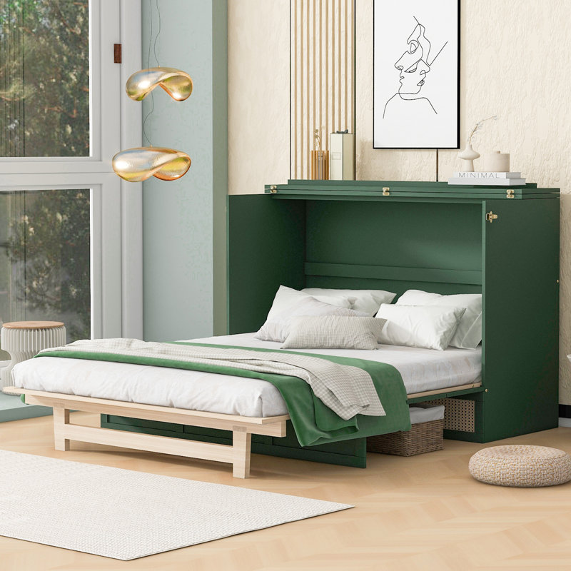 Murphy Bed With Large Drawers, Queen, Green