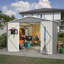 Remise de rangement extérieure 10 x 10 pi, grandes remises à outils en métal avec structure de cadre actualisée et portes verrouillables, remise de jardin pour pelouse de patio, gris