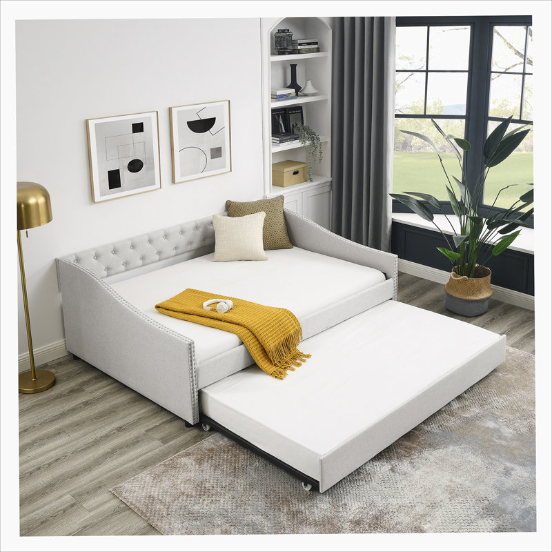 Daybed with Trundle Upholstered Tufted Sofa Bed, with Button and Copper Nail on Arms, Beige, Full