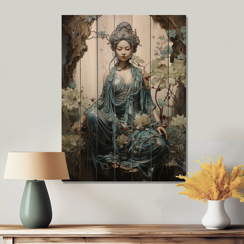 Art bouddhiste sarcelle beige Bodhisattva Compassion - impression bouddhiste sur bois de pin naturel
