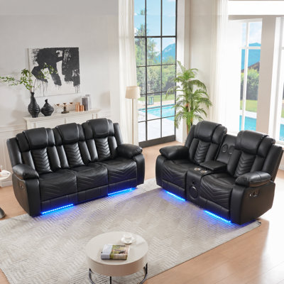 Ensemble de canapés inclinables électriques en similicuir 2 pièces à motif de vagues noires, canapé inclinable à 3 places et causeuse à 2 places avec console centrale, haut-parleurs Bluetooth intégrés, porte-gobelets et éclairage DEL à base bleue, mobilier de cinéma maison électrique pour la salle multimédia du sous-sol