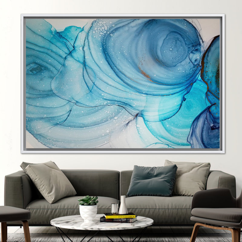 Art mural moderne, art abstrait, art mural marbré bleu, H 33 po x l 45 po x P 0,78 po, Cadre flottant noir