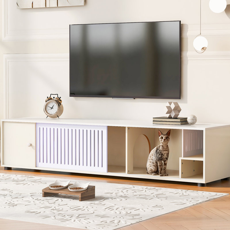 Meuble télé blanc crème pour chat avec rangement pratique et porte coulissante rapidement amovible
