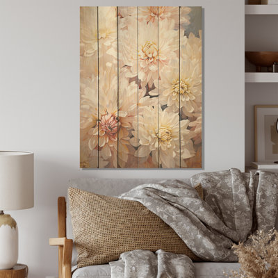 «Beige Chrysanthemums Dream Collage», art mural sur bois de pin naturel