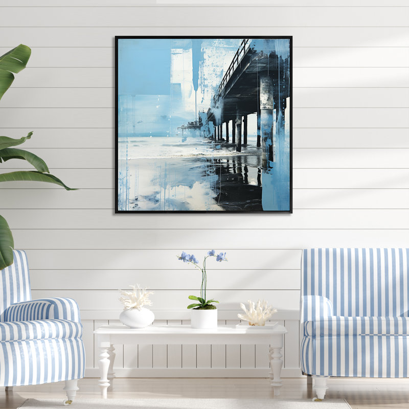 Minimalisme bleu sarcelle et jetée blanche paysage I - décoration murale nautique et plage, H 36 po x l 36 po x P 1,5 po