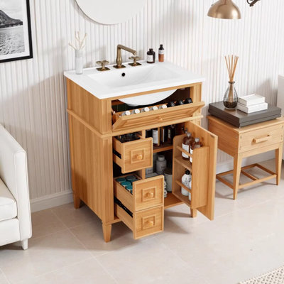 Meuble-lavabo de 24 po avec lavabo, armoire en bois avec tiroir rabattable, 2 tiroirs à fermeture en douceur et 1 porte à fermeture en douceur, fabrication en bois massif et en panneau de fibres à densité moyenne, poignées en bois élégantes pour la salle de bain moderne