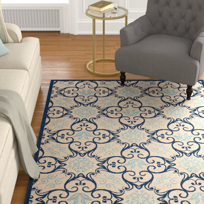 Lewis Damask Ivory/Navy Indoor/Outdoor Area Rug, Rectangle 5'3" x 7'5"