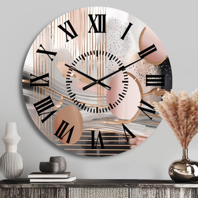 Pink Rosegold Circle Chaos IV - Modern Shapes Black Face Wall Clock