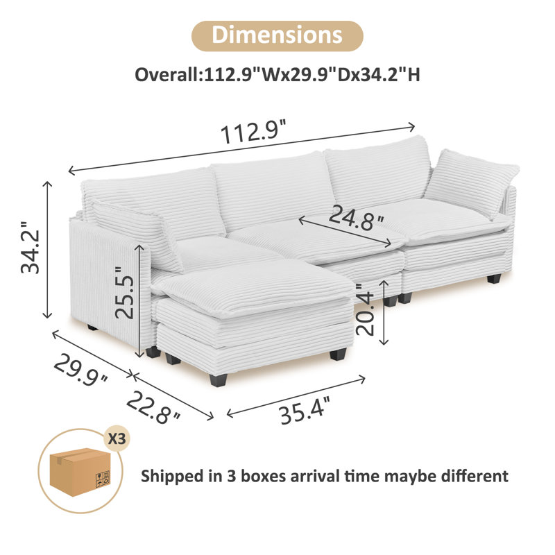 Canapé modulaire en velours côtelé avec assise profonde, canapé en L surdimensionné à 3 places avec repose-pieds mobile