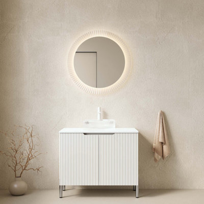 Meuble-lavabo de salle de bain avec lavabo, armoire de rangement autoportante avec 2 portes, lavabo rond en verre transparent et comptoir artificiel Carrara, sans robinet