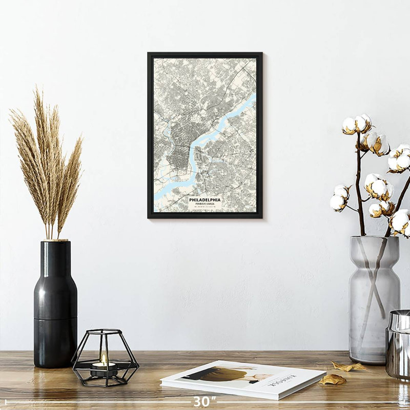 Carte de la ville de Philadelphie, 9 po x 13 po, Cadre flottant noir