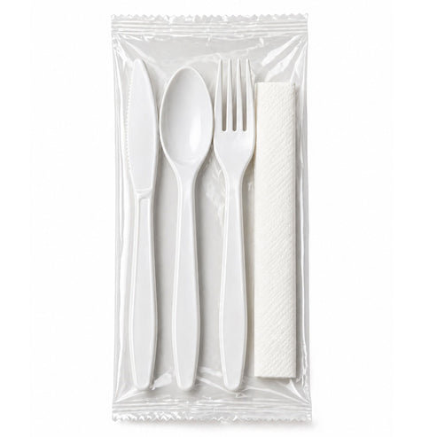 Couvert jetable en plastique blanc avec serviette, poids moyen, ensemble de couverts emballés individuellement