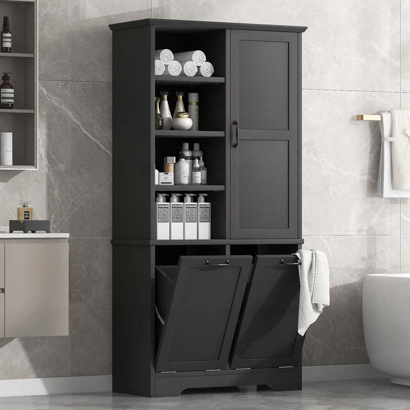 Armoire de rangement de salle de bain avec portes et tiroirs, panier à linge inclinable, plusieurs espaces de rangement, Noir