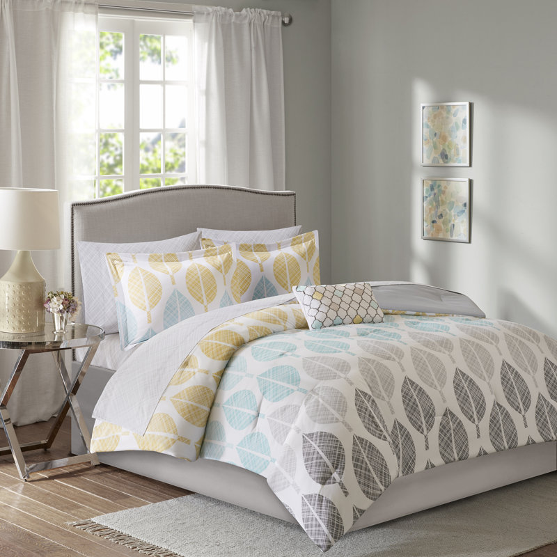 Central Park Modern & Contemporary Comforter Set with Cotton Bed Sheets, Queen Comforter + 8 Additional Pieces, Aqua/Yellow