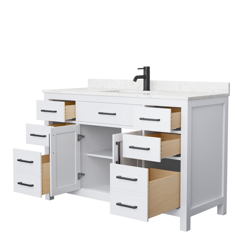 Beckett 54" Freestanding Single Bathroom Vanity with Cultured Marble Top, Carrara Cultured Marble, White, Matte Black