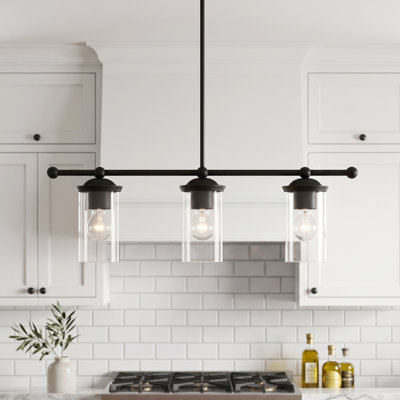 Modern Farmhouse 3-Light Linear Chandelier, Matte Black Kitchen Island Pendant Light with Adjustable Hanging Height