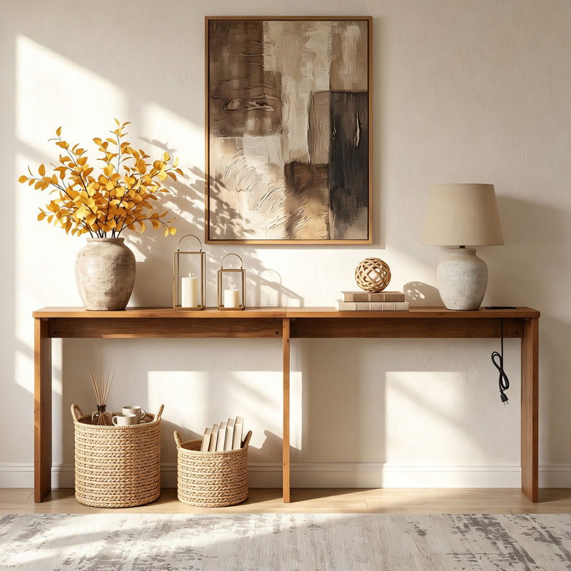 Table de canapé 82 pouces étroite derrière le canapé avec prises de courant et ports USB, bois massif