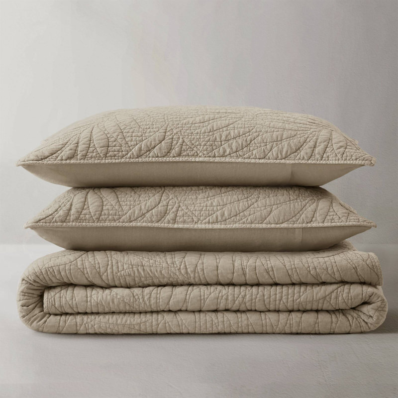 Botanical Leaves Linen 100% Cotton 3-Piece Full/Queen Quilt Set, Full/Queen, Linen