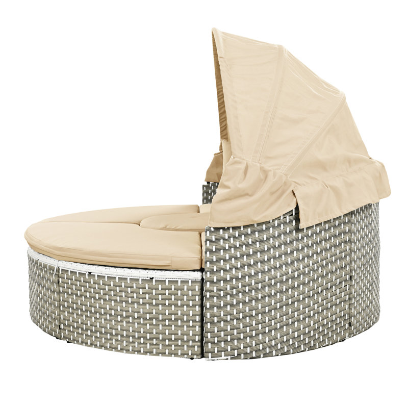 Lit de jour d'extérieur de luxe avec table ajustable en PE, tissu d'ameublement café toutes saisons, auvent