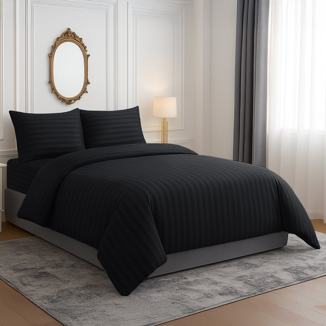 Microfiber Striped Duvet Cover Set with Matching Pillowcases and Stripe Fitted Sheet