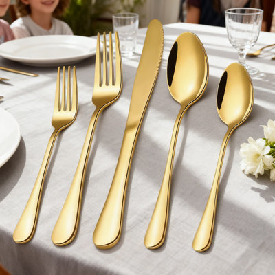 40-Piece Gold Silverware Set For 8, Stainless Steel Flatware Set With Titanium Gold Plating, Mirror Polished Cutlery Set Includes Spoons, Forks, Knives, Dishwasher Safe Tableware