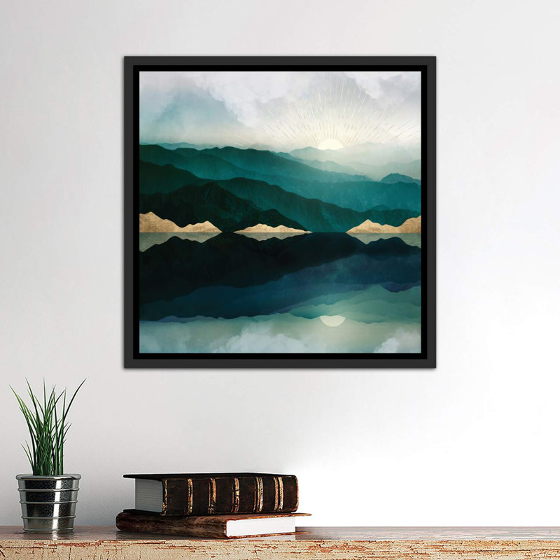 Waters Edge Reflection - Imprimé, H 26 po x l 26 po x P 1,5 po, Cadre flottant noir patiné